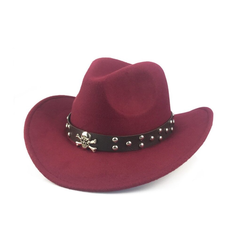 Maroon, Wine Red, Western Skull Cowboy, Cowgirl Hat, Men Women Retro Wide‎ Brim
